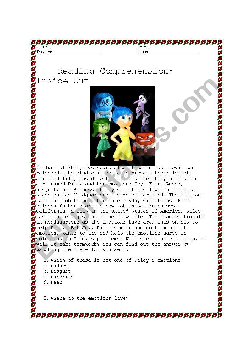 Reading Comprehension: Inside Out [WITH ANSWER KEY]